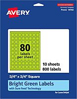 Avery Printable Square Labels, Sure Feed Technology, 3/4" x 3/4", Bright Green Labels, Print-to-The-Edge, Laser/Inkjet, 800 Total, Great for Stickers and Mailing Seals 800 labels