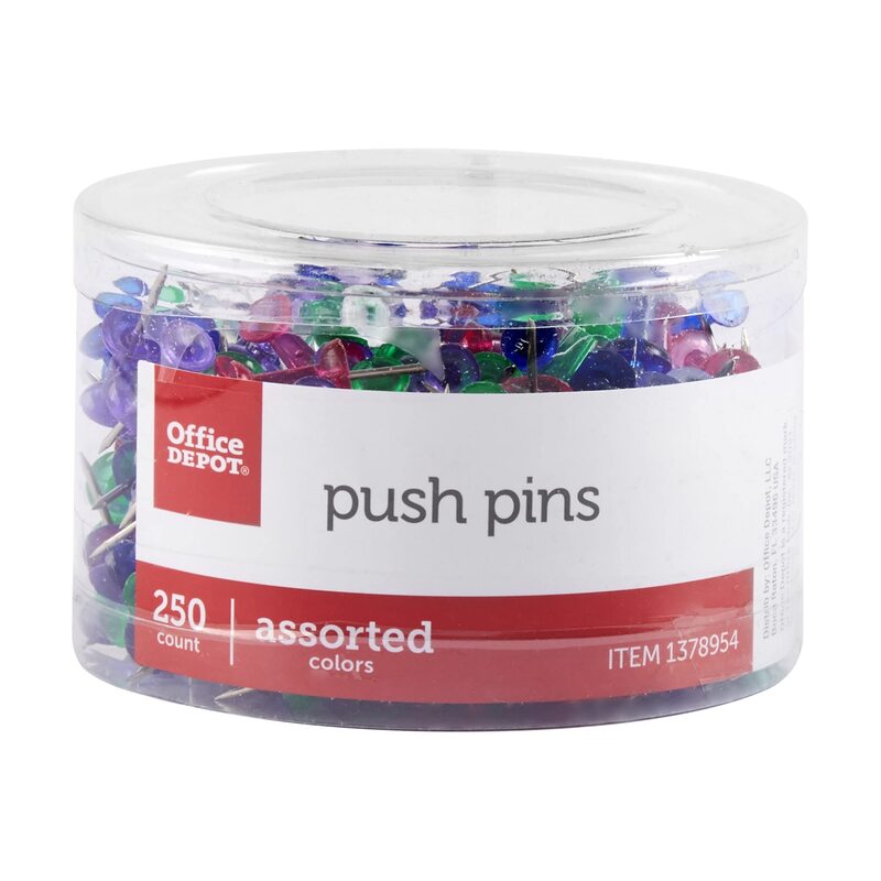 Office Depot Brand Push Pins, 9/10in, Assorted Colors, Pack Of 250