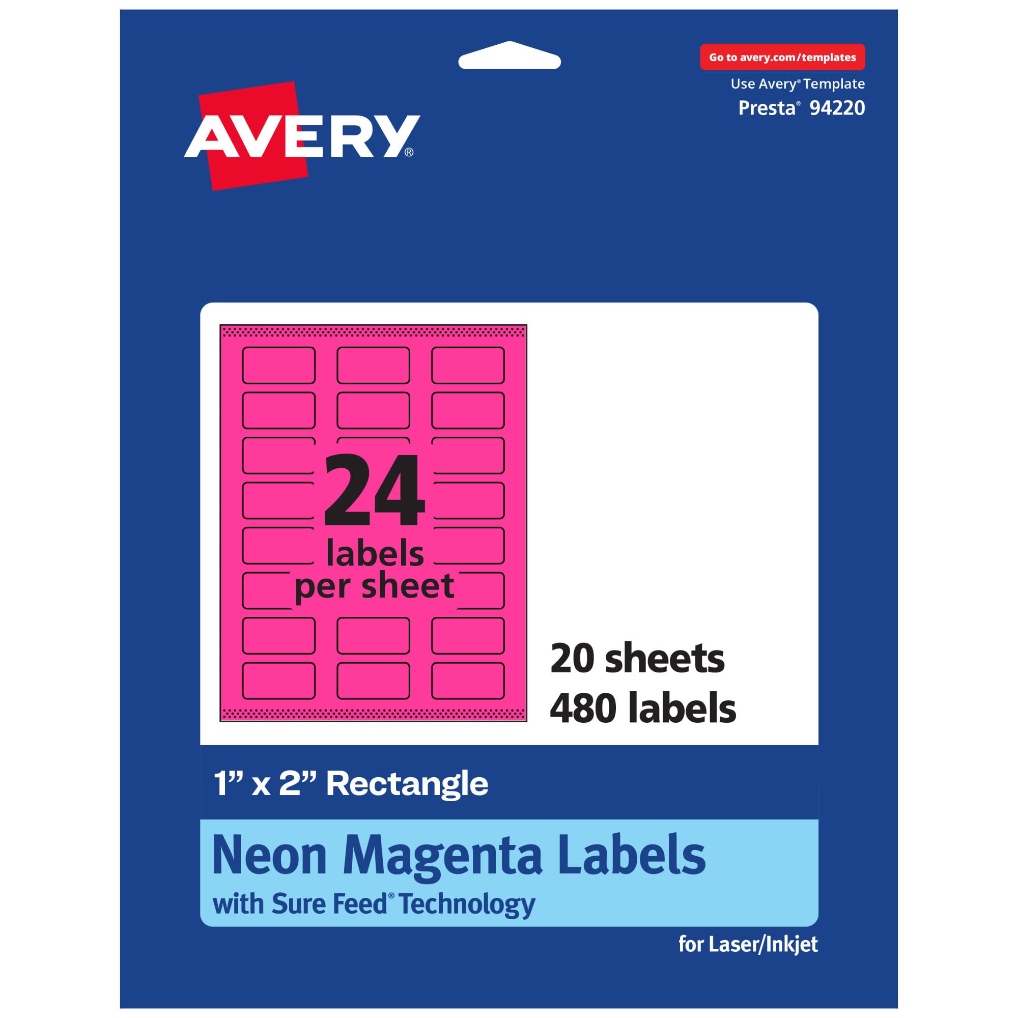 AVERY Printable Rectangle Labels, Sure Feed Technology, 1" x 2", Neon Magenta, Print-to-The-Edge, Laser/Inkjet Printable