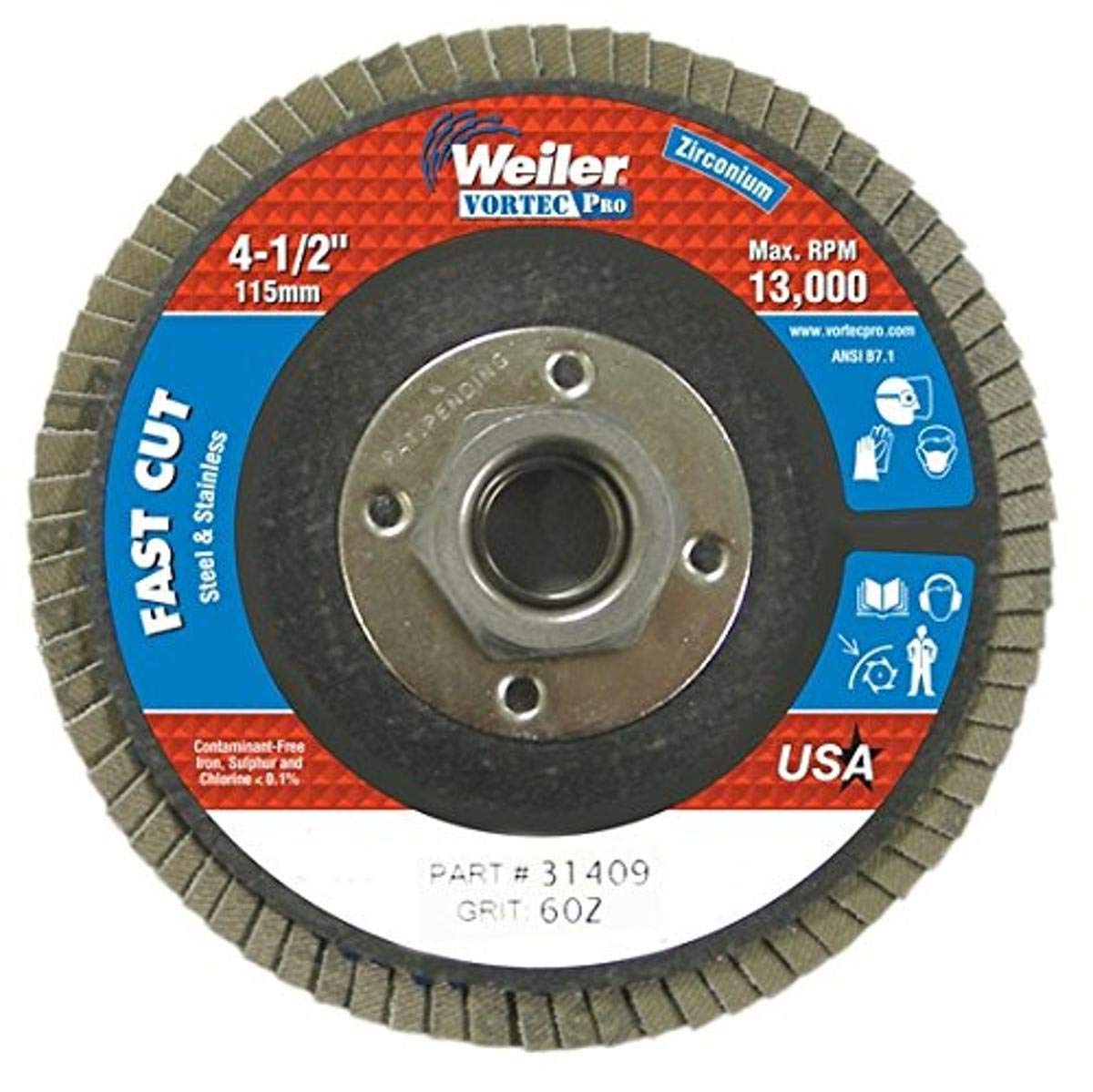 Weiler - 804-31409 31409 Vortec Pro Zirconia Alumina Type 27 Flap Disc, 60 Grit, 5/8-11 UNC, 13000 rpm, 4 1/2" (Set of 1/EA)