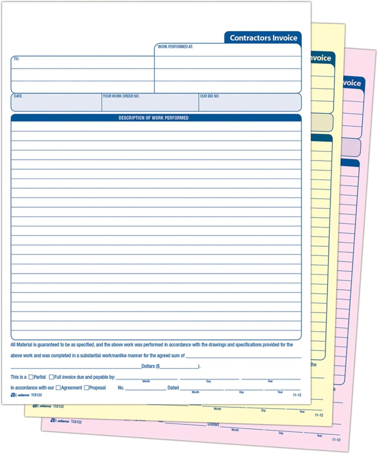 Adams Contractor’s Invoice Book, 3-Part, 50 Sets per Book, 50 Pages (ABFTC8122) 1-Pack