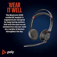 Poly Blackwire 5220 Stereo USB-C Headset + 3.5mm Plug + USB-C/A Adapter - Microsoft Teams Certification - 8X231AA