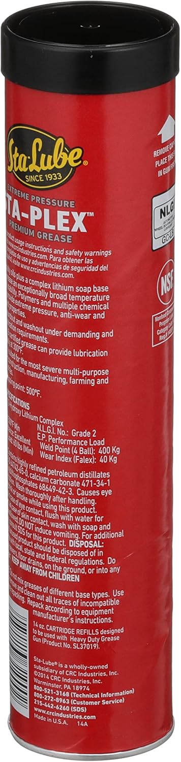 Sta-Lube Sta-Plex Extreme Pressure Premium Red Grease SL3190 – 14 Oz., Multi-Purpose Lithium Complex Grease Cartridge 14 Oz