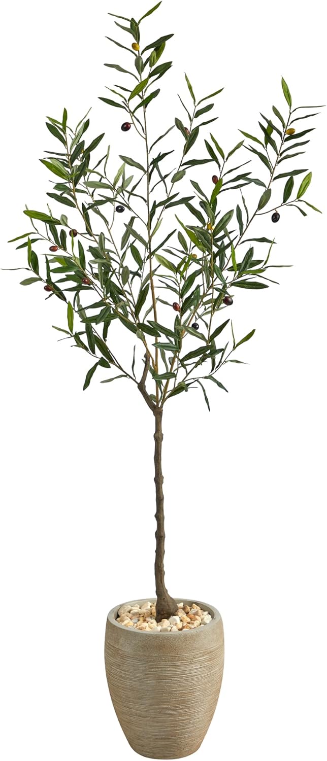 Nearly Natural Olive Tree 66inH Artificial Plant With Planter, 66inH x 21inW x 21inD, Green/Beige