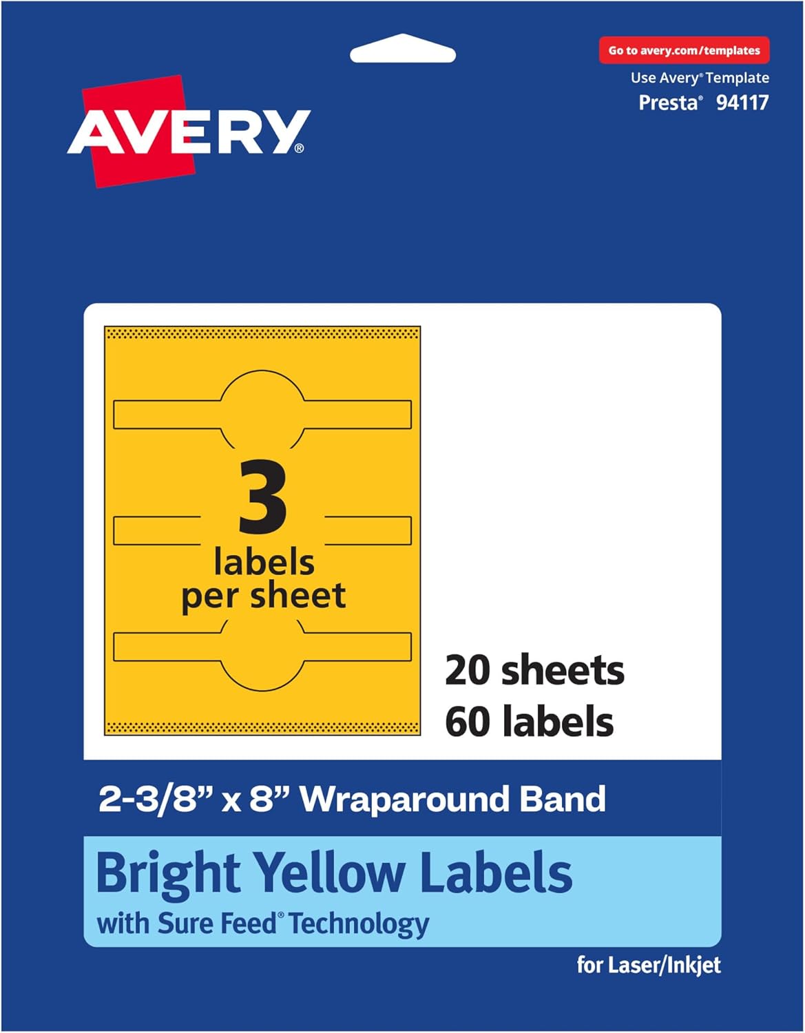Avery Printable Wraparound Band Labels, Sure Feed Technology, 2-3/8" x 8", Bright Yellow, Cigar