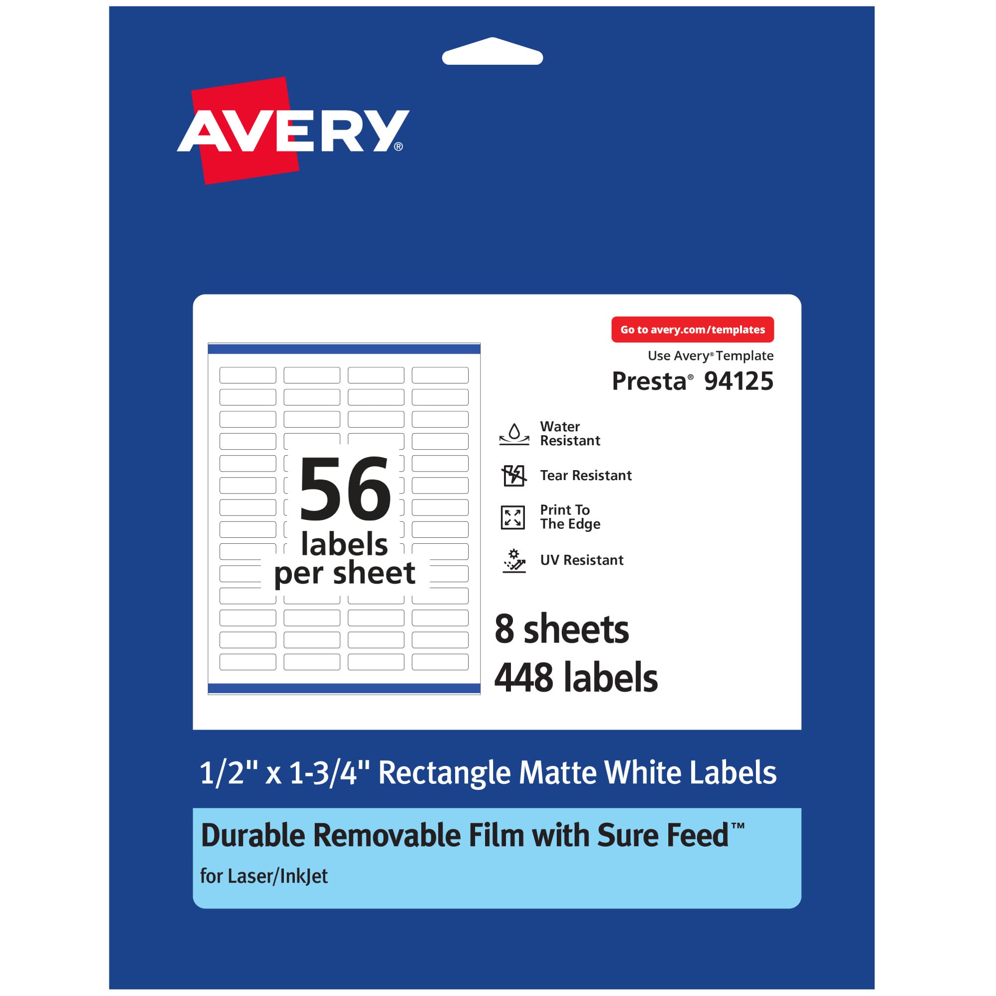 Avery Durable Removable Rectangle Labels, Sure Feed Technology, 0.5" x 1.75", Matte White Film, Print-to-Edge