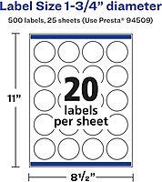 Avery Glossy White Round Labels, Sure Feed Technology, 1.75" Diameter, Print-to-The-Edge, Permanent Adhesive, Laser/Inkjet Printable