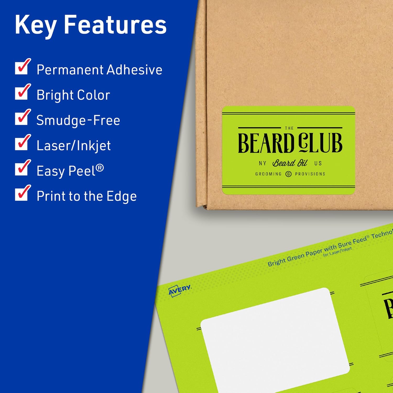 Avery Printable Rectangle Labels, Sure Feed Technology, 2" x 3-1/2", Bright Green Labels, Print-to-The-Edge