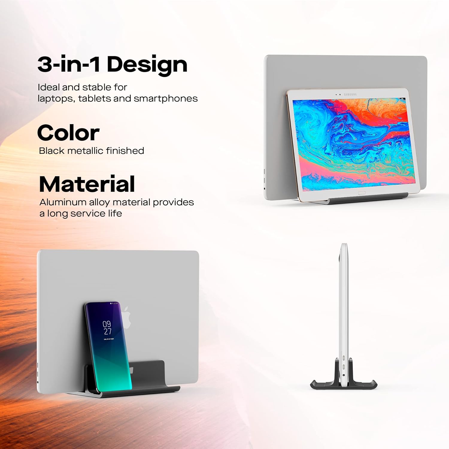 MP Mobile Pixels Upright Laptop Cradle Stand 3-in-1 Design, Adjustable Desktop Aluminum Stand for Smartphones, Tablets