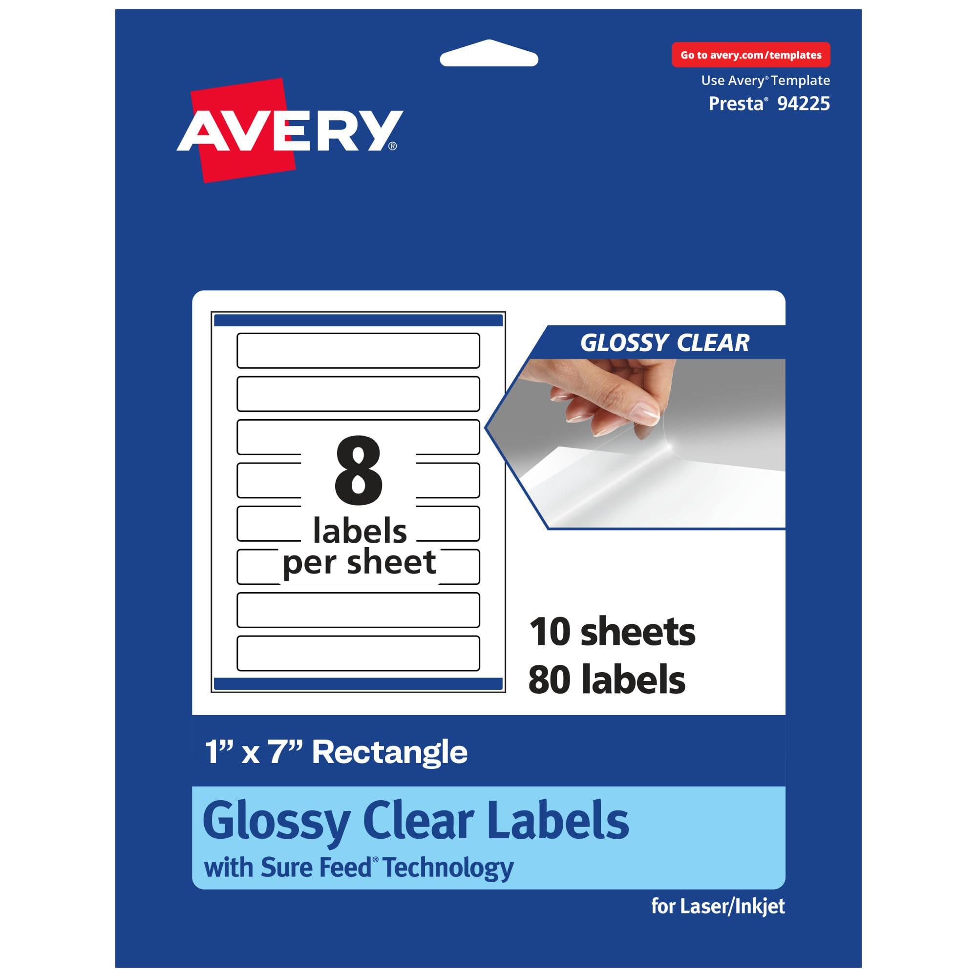 Avery Glossy Clear Rectangle Labels, Sure Feed Technology, 1" x 7", 80 Glossy Clear Labels, Print-to-The-Edge