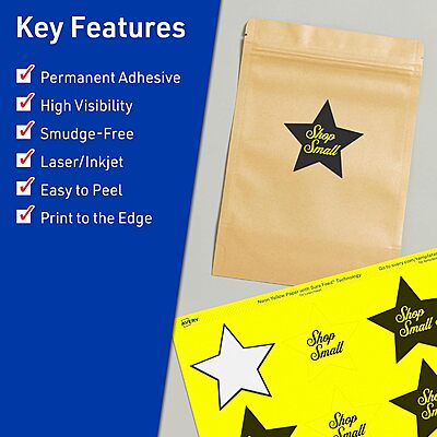Avery Printable Star Labels, Sure Feed Technology, 2-1/4" x 2-3/8", Neon Yellow, Print-to-The-Edge, Laser/Inkjet