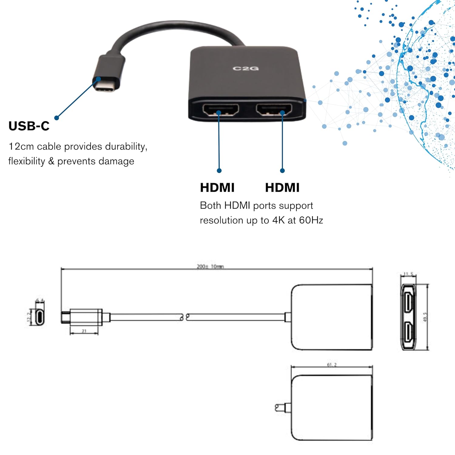 C2G USB-C to Dual HDMI 4K Dual Monitor MST Hub, Mini DP Multi-Stream Transport (MST) Multiple Monitor Splitter, Black