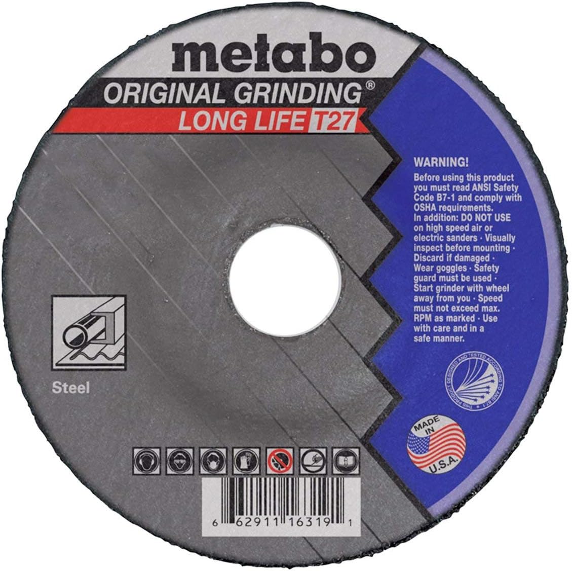 Metabo 6-inch Original Long Life Grinding Wheel | Type 27 | 6" x 1/4" x 7/8" | A24R | Aluminum Oxide | Longer Life