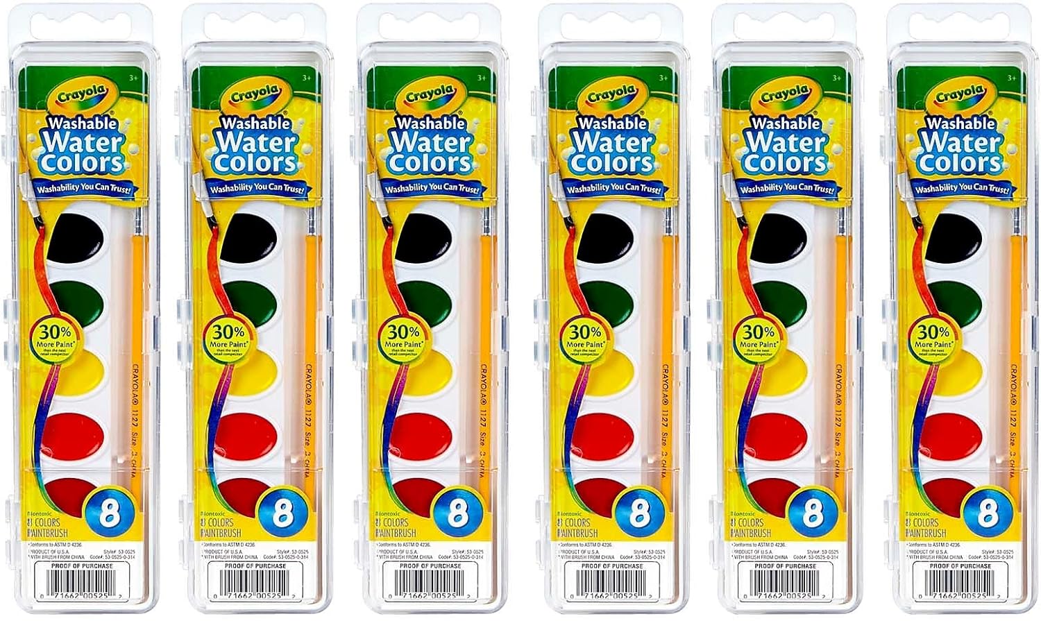 Crayola BIN525-6 Semi-Moist Washable Watercolor Set, 8 Colors Per Set, 6 Sets