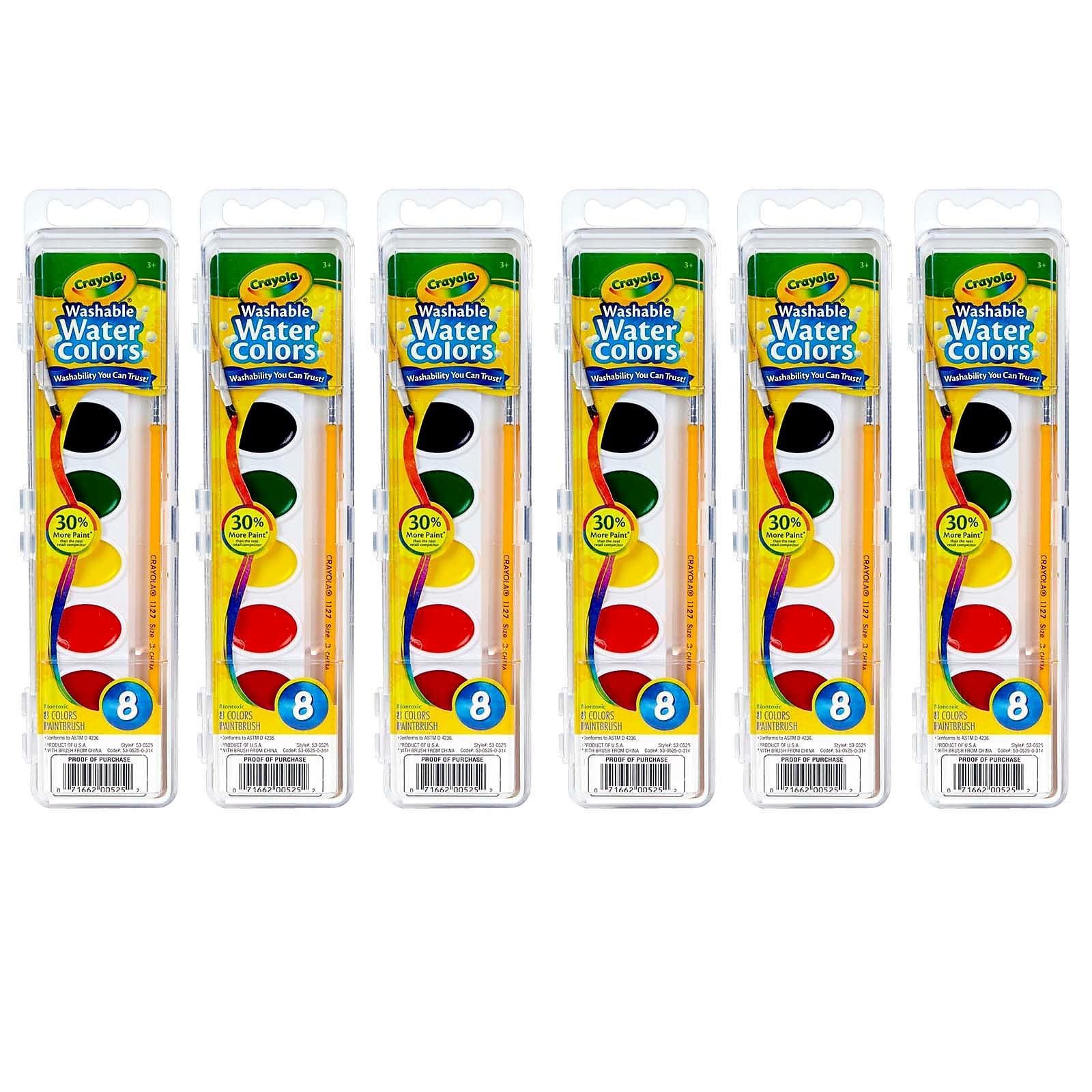 Crayola BIN525-6 Semi-Moist Washable Watercolor Set, 8 Colors Per Set, 6 Sets