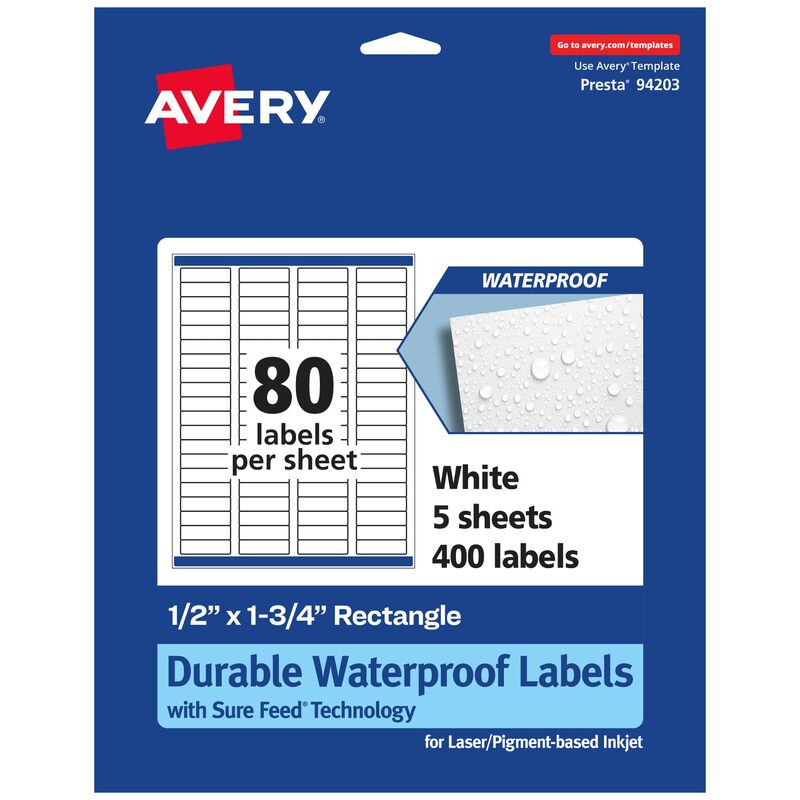 Avery Durable Waterproof Rectangle Labels, Sure Feed Technology, 0.5" x 1.75"