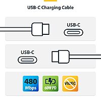 StarTech.com 6ft (1.8m) White USB-C Charging Cable, USB C Cable, USB 2.0 Type-C Laptop Charger Cord, 60W Power Delivery, M/M