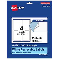 Avery Matte White Removable Rectangle Labels, Sure Feed Technology, Print-to-The-Edge, 4.75" x 3.5", 60 Removable Labels, Laser/Inkjet Printable 60 labels
