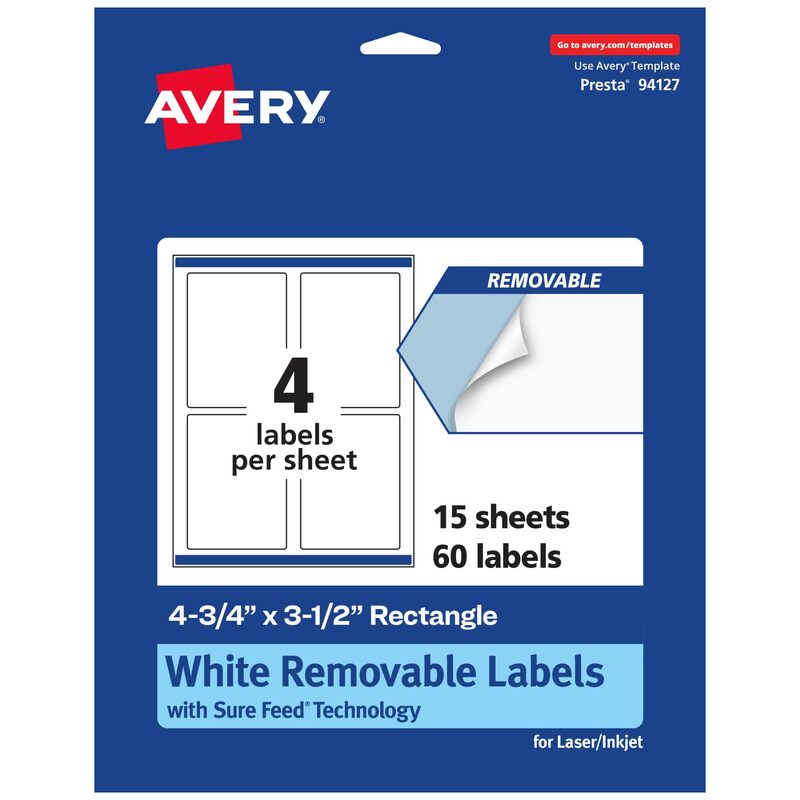 Avery Matte White Removable Rectangle Labels, Sure Feed Technology, Print-to-The-Edge, 4.75" x 3.5", 60 Removable Labels, Laser/Inkjet Printable 60 labels