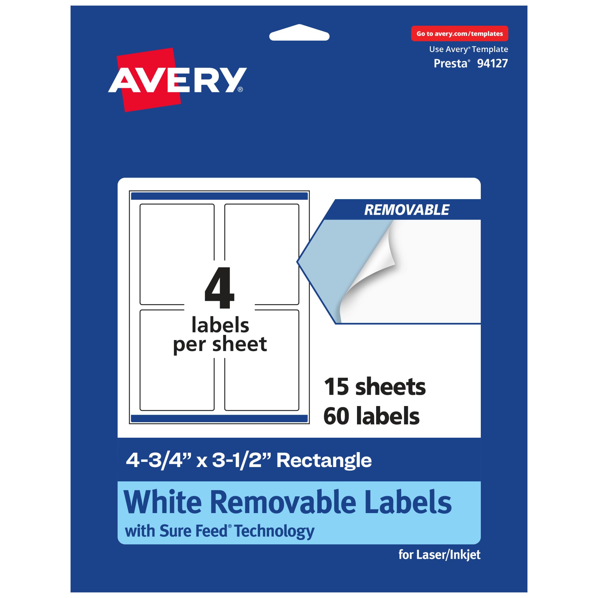 Avery Matte White Removable Rectangle Labels, Sure Feed Technology, Print-to-The-Edge, 4.75" x 3.5", 60 Removable Labels