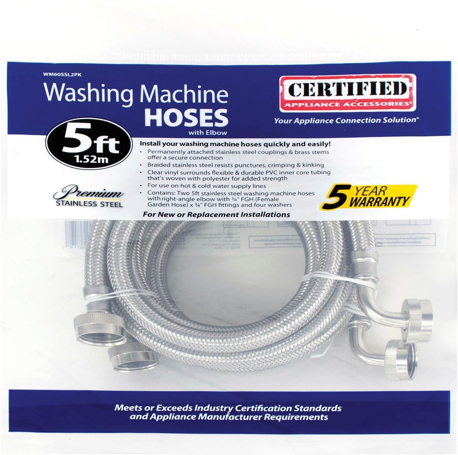 Certified Appliance Accessories Washing Machine Hose with 90 Degree Elbow (2 Pack), Hot and Cold Water Supply Lines, 5 Feet