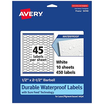 Avery Durable Waterproof Barbell Labels, Sure Feed Technology, 0.5" x 2.5"