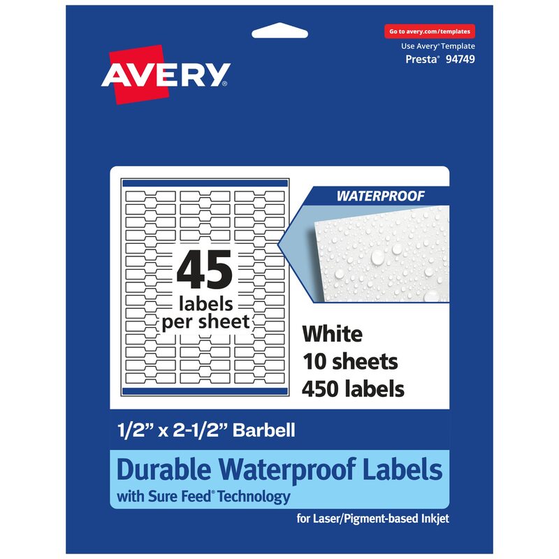 Avery Durable Waterproof Barbell Labels, Sure Feed Technology, 0.5" x 2.5"