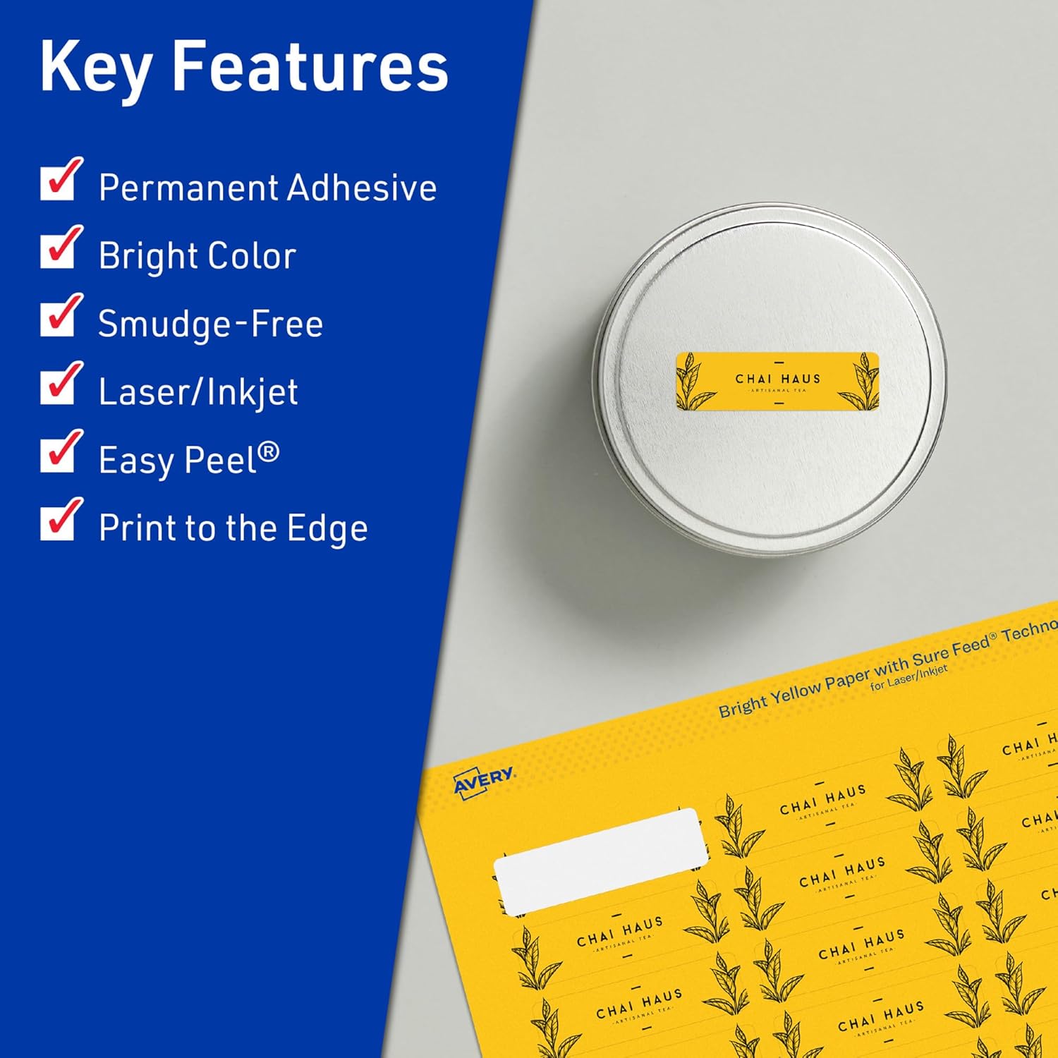 AVERY Bright Yellow Printable Rectangle Labels, Sure Feed Technology, 2/3" x 1-3/4"