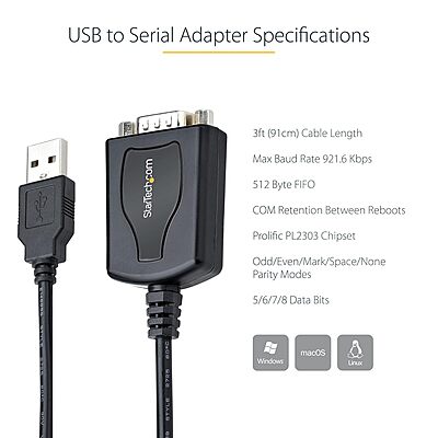 StarTech.com 3ft (1m) USB to Serial Cable with COM Port Retention, DB9 Male RS232 to USB Converter, USB to Serial Adapter for PLC/Printer/Scanner, Prolific Chipset, Windows/Mac (1P3FPC-USB-SERIAL)