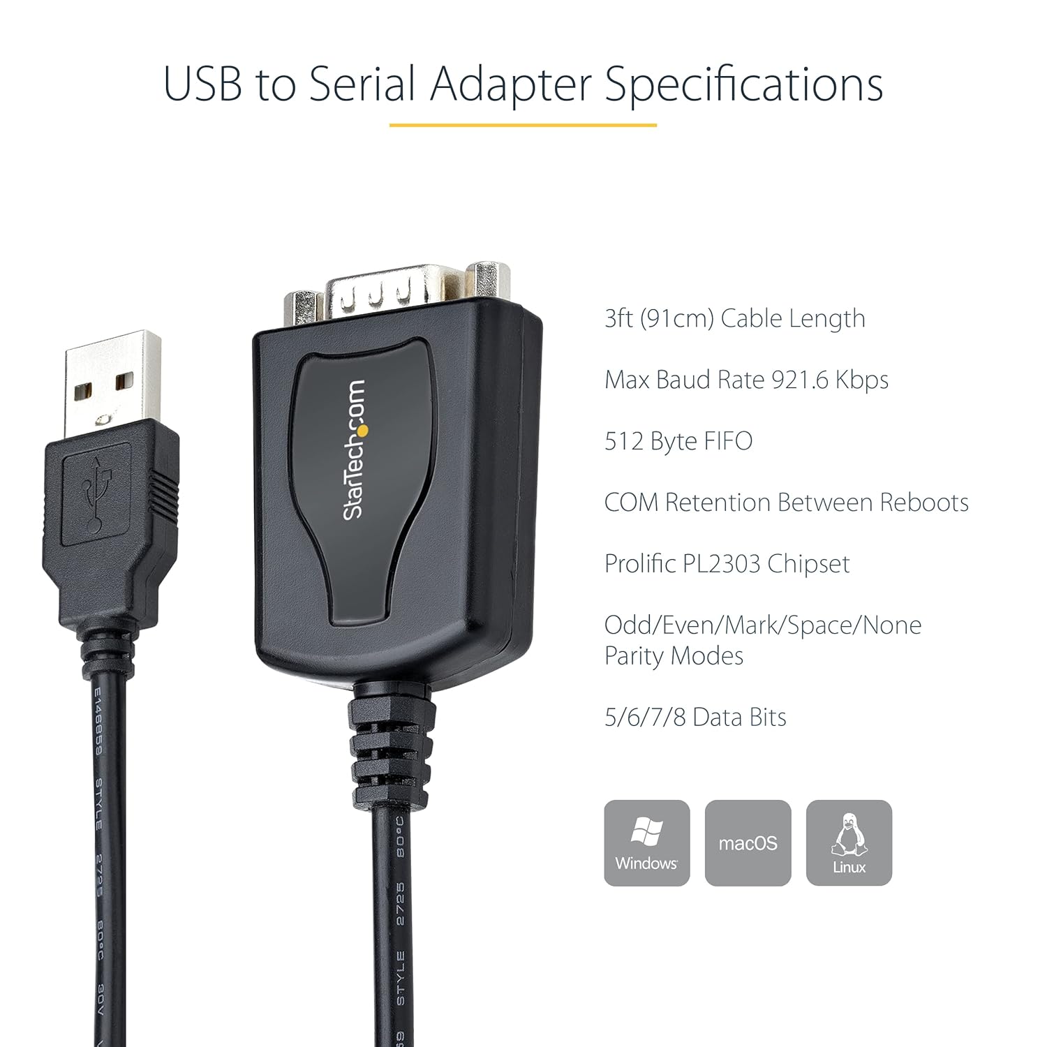 StarTech.com 3ft (1m) USB to Serial Cable with COM Port Retention, DB9 Male RS232 to USB Converter