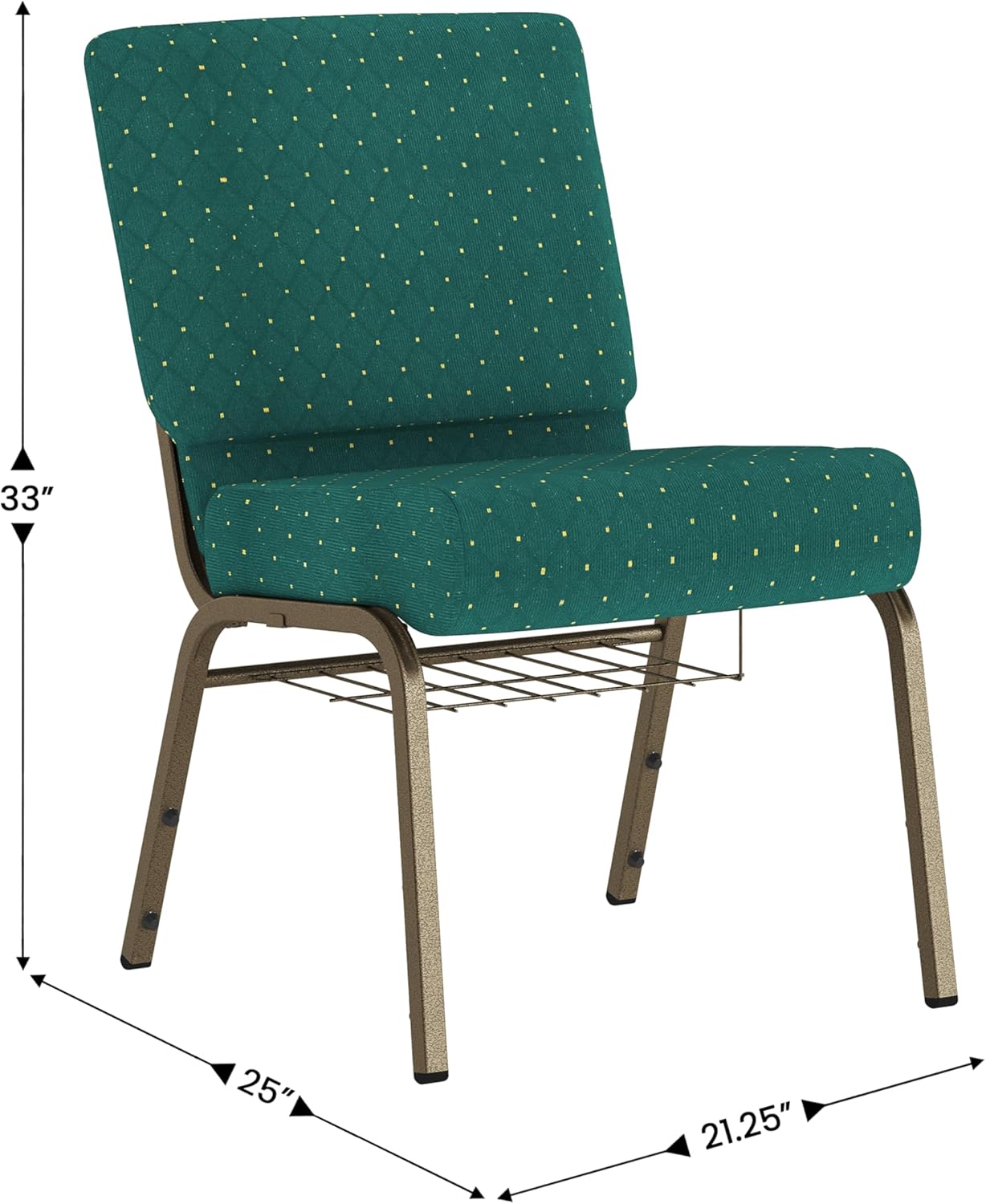 Flash Furniture HERCULES Series 21''W Church Chair in Hunter Green Dot Patterned Fabric with Book Rack - Gold Vein Frame