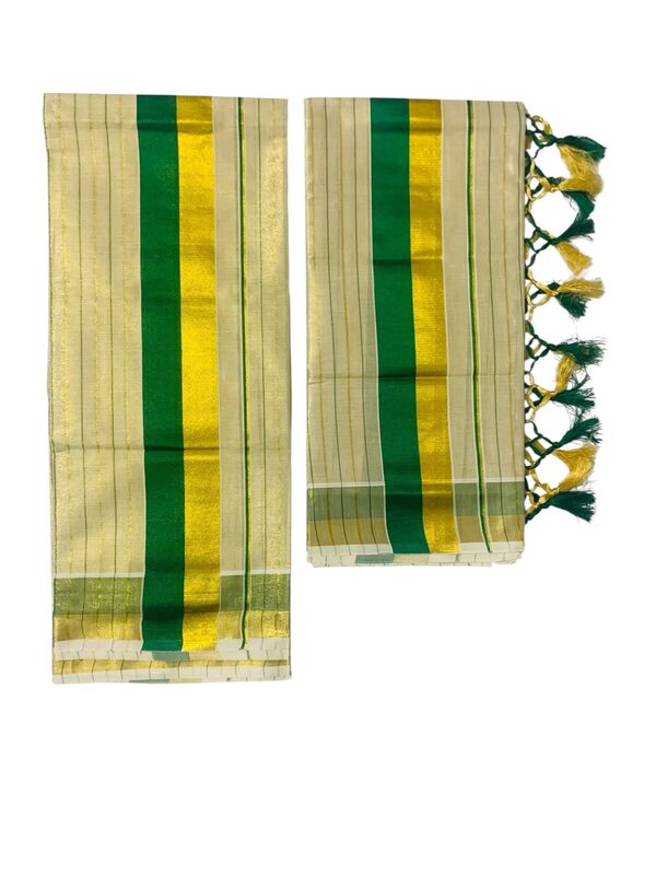Women's Kuthampully Kerala Kasavu Set mundu Tissue with Kunjam | Kerala Tissue set mundu latest collections | Kuthampully set mundu - Multi color KTM-902 (Green-Gold)