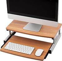 Mind Reader Monitor Stand, Sliding Keyboard Drawer, Laptop, Riser, Office, Wood/Metal, 20" L x 14.75" W x 5.9" H, Brown, Silver