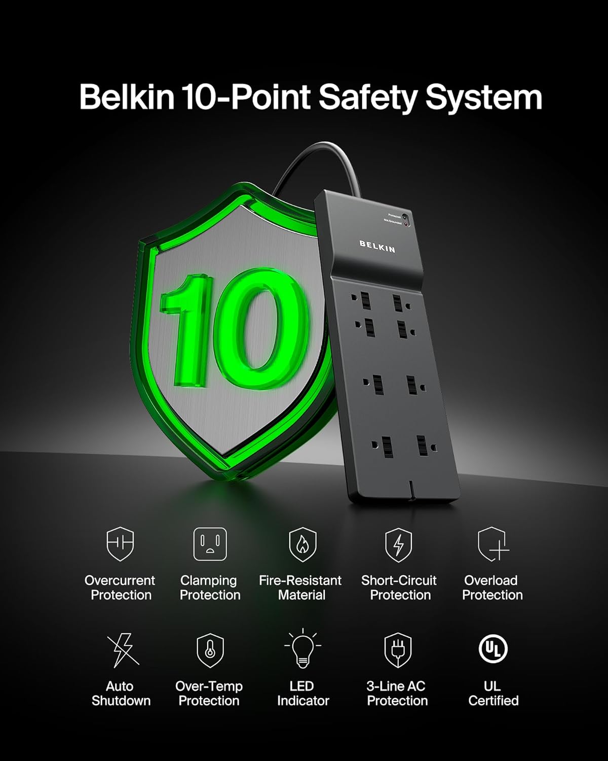 Belkin 8-Outlet Surge Protector w/ 8 AC Outlets & 8ft Long Flat Plug, UL-listed Heavy-Duty Extension Cord for Home, Office