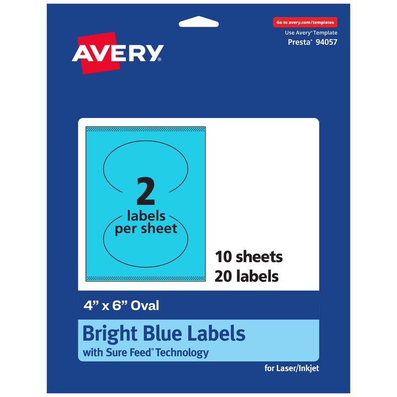 Avery Printable Oval Labels, Sure Feed Technology, 4" x 6", Bright Blue Labels, Print-to-The-Edge, Laser/Inkjet Printable, 20 Total, Great for Packaging and Candles 20 labels