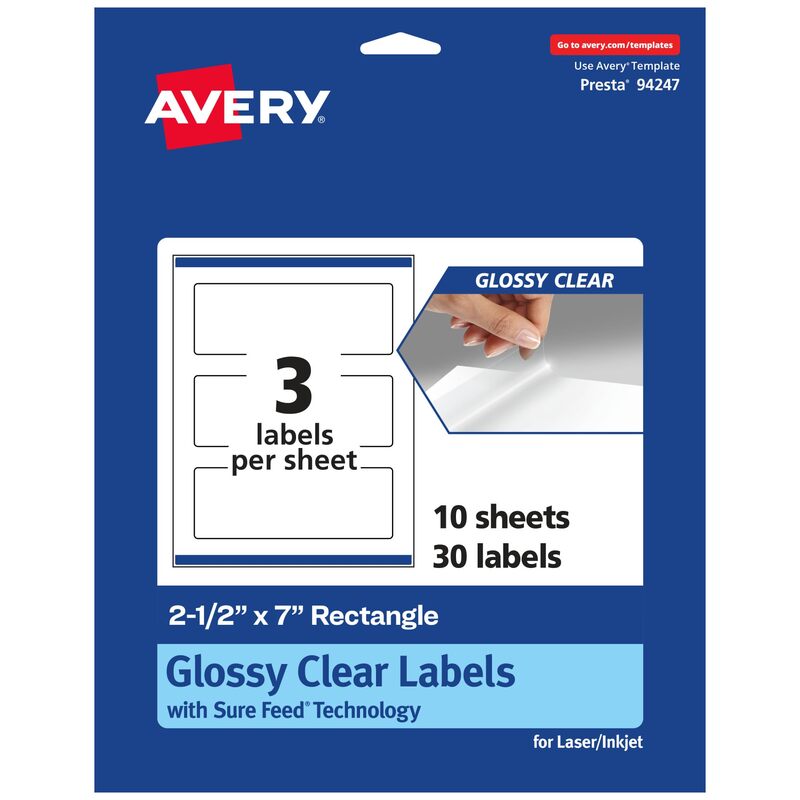 Avery Glossy Clear Rectangle Labels, Sure Feed Technology, 2.5" x 7", 30 Glossy Clear Labels, Print-to-The-Edge, Laser/Inkjet Printable