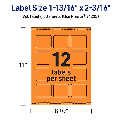 Avery Bright Orange Rectangle Labels, 1-13/16" x 2-3/16", Sure Feed Technology