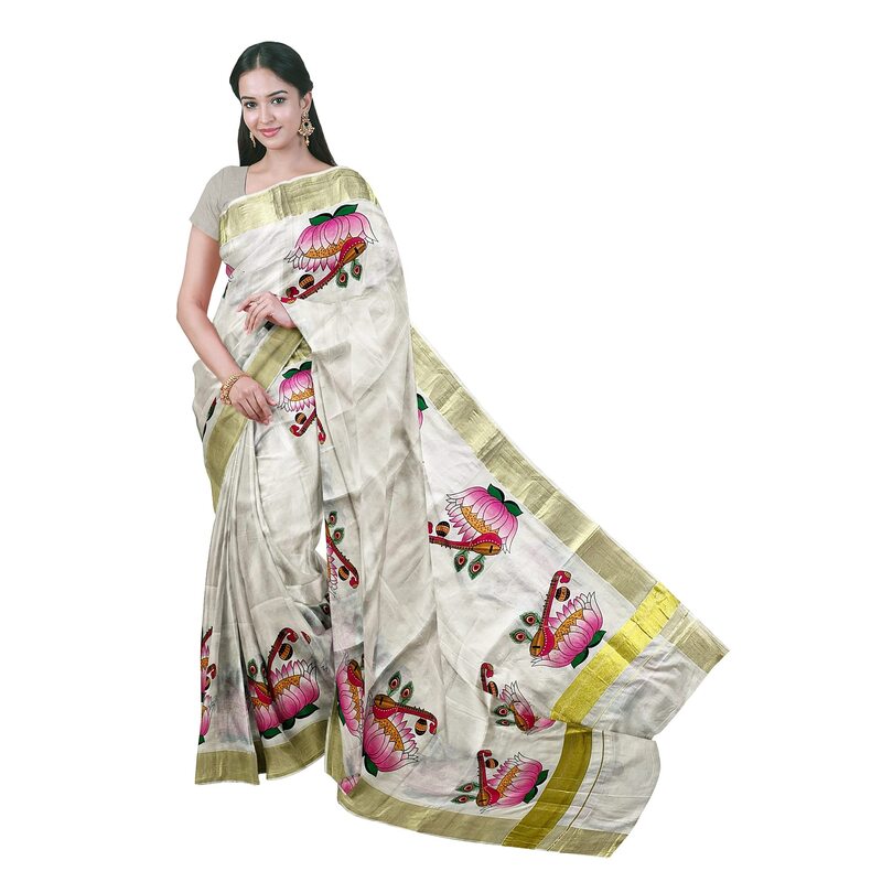 Kuthampully Kerala Sarees For Women | Printed Onam Saree For Women | Multicolor Tissue Mural Cotton Saree | Traditional South Indian Sarees | Authentic Women's Zari Kasavu | EKM-486 | Pack Of 1