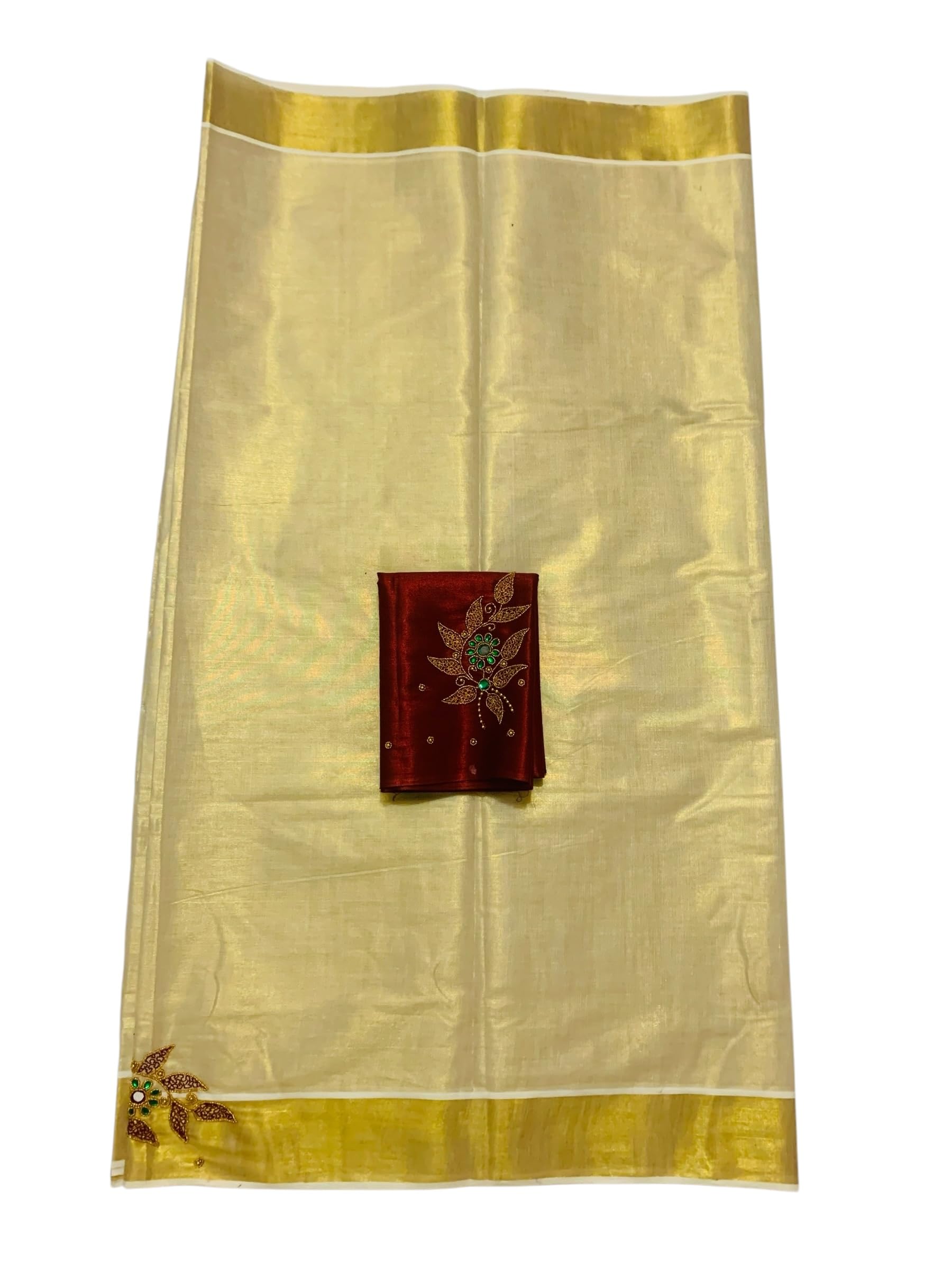 Kuthampully Kerala Kasavu Sarees For Women | Handcrafted Aari work Kerala Sarees | Tissue Onam Saree With Running Blouse | South Indian Sarees | Onam Saree EKM-861 (Maroon)