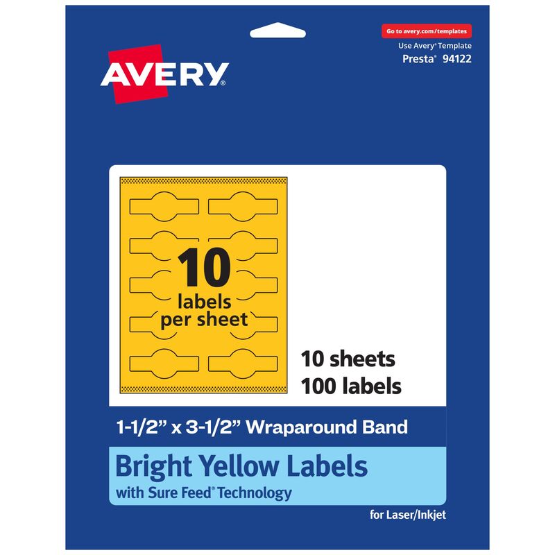 Avery Printable Wraparound Band Labels, Sure Feed Technology, 1.5" x 3.5", Bright Yellow, Cigar Band Labels