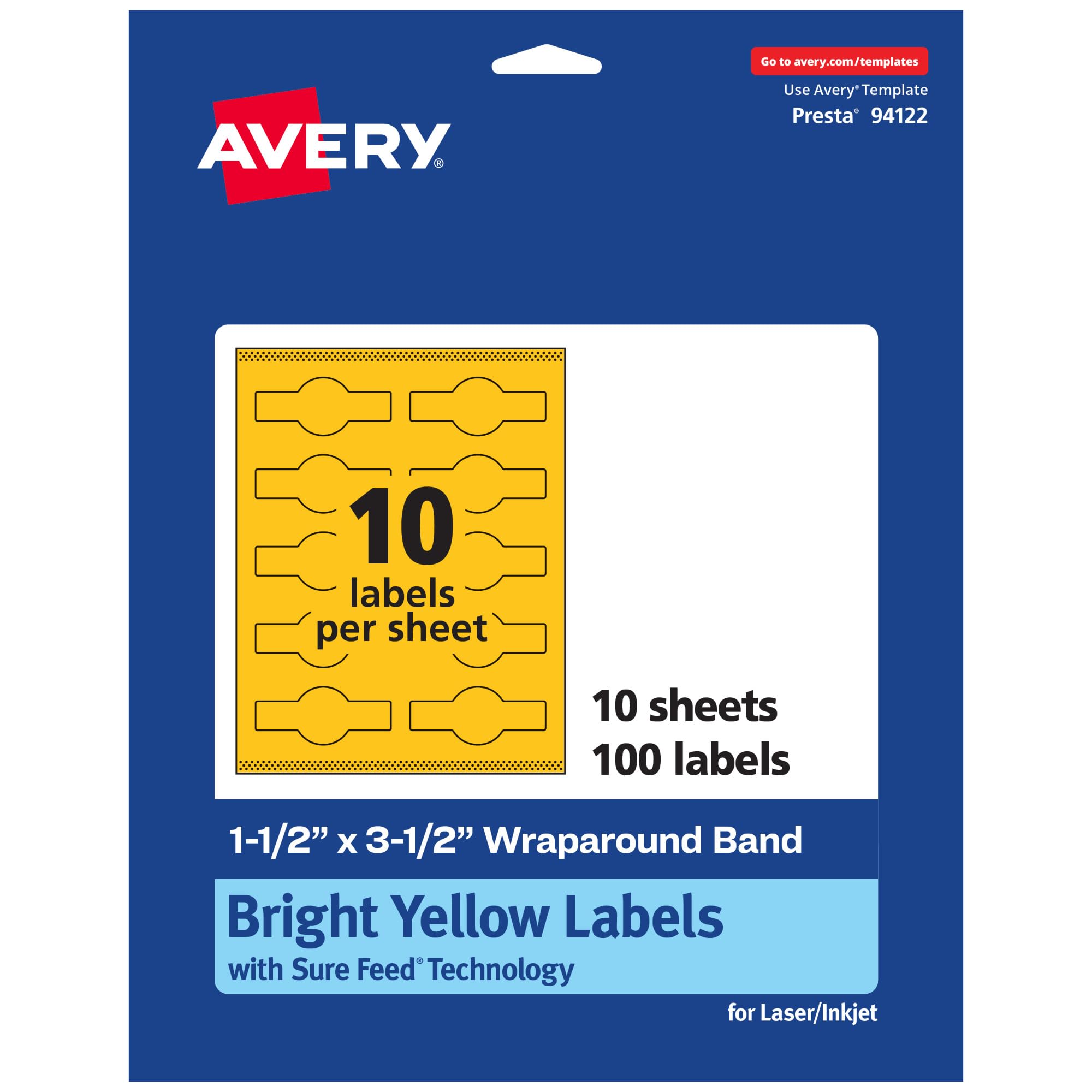 Avery Printable Wraparound Band Labels, Sure Feed Technology, 1.5" x 3.5", Bright Yellow, Cigar Band Labels