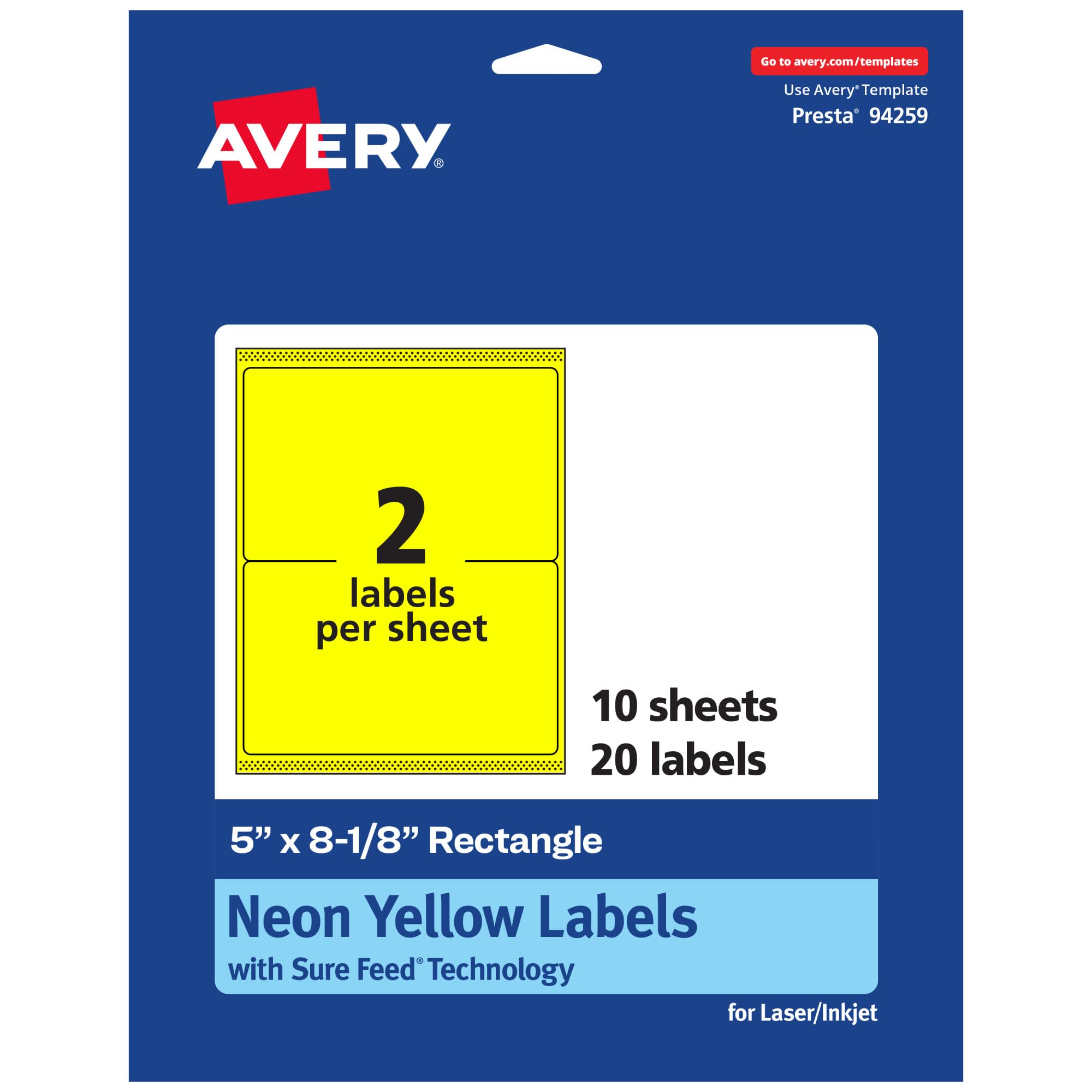 Avery Printable Rectangle Labels, Sure Feed Technology, 5" x 8-1/8", Neon Yellow, Laser/Inkjet Printable