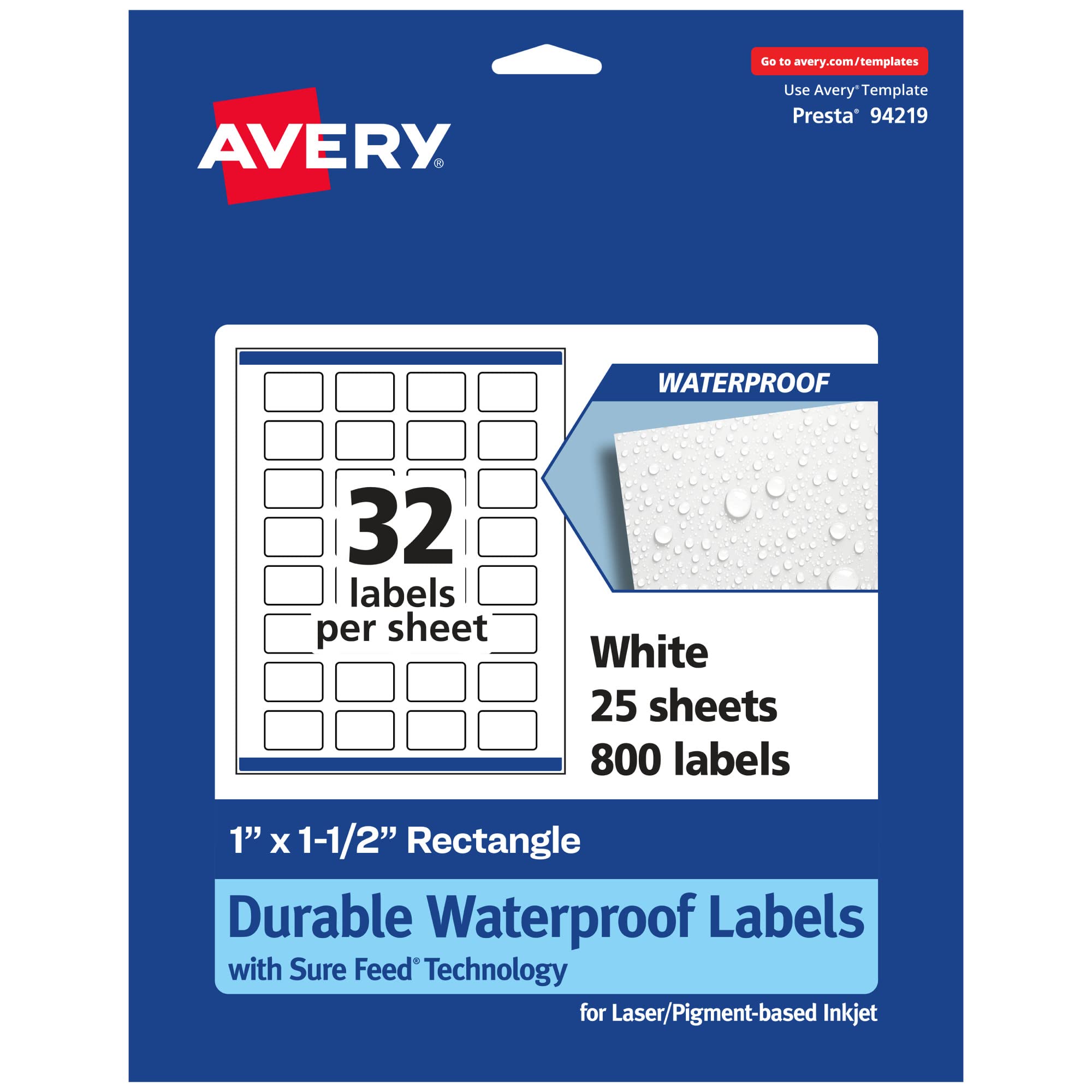 Avery Durable Waterproof Rectangle Labels, Sure Feed Technology, 1" x 1.5", Print-to-the-Edge