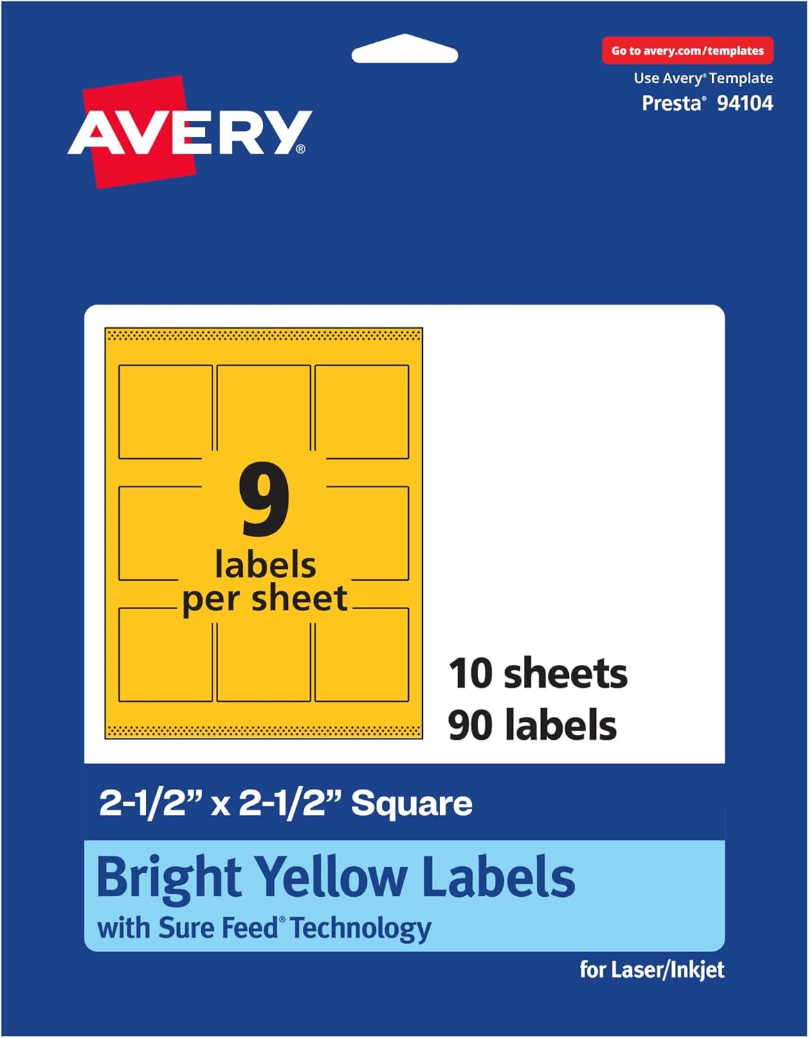 Avery Printable Square Labels, Sure Feed Technology, 2-1/2" x 2-1/2", Bright Yellow Labels, Laser/Inkjet Printable, 90 Total