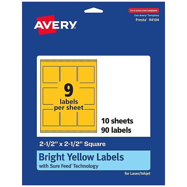Avery Printable Square Labels, Sure Feed Technology, 2-1/2" x 2-1/2", Bright Yellow Labels, Laser/Inkjet Printable, 90 Total, Great for Jars and Packaging 90 labels