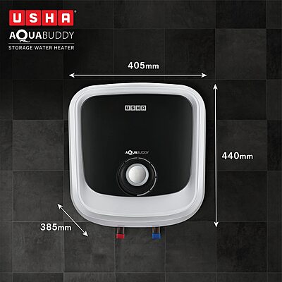 Front view of the Usha Aquabuddy 15L Storage Water Heater showing its minimalist slim design.