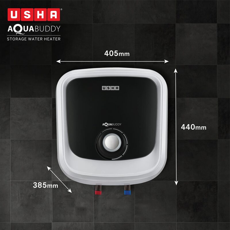 Front view of the Usha Aquabuddy 15L Storage Water Heater showing its minimalist slim design.