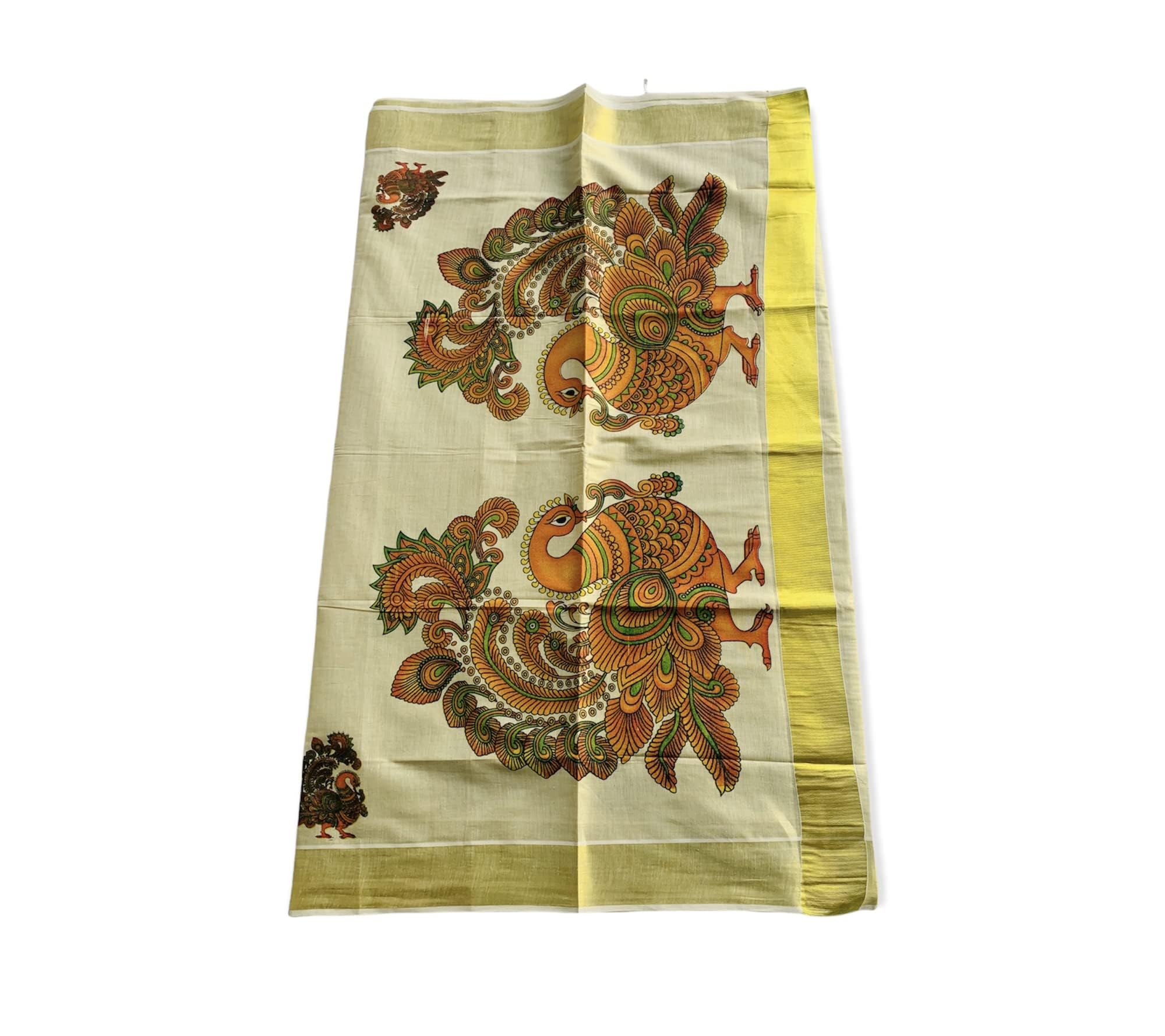 Kuthampully Kerala Kasavu Saree Tissue Mural Painted | Traditional South Indian Saree | Onam Saree - Multi Color KTM-821