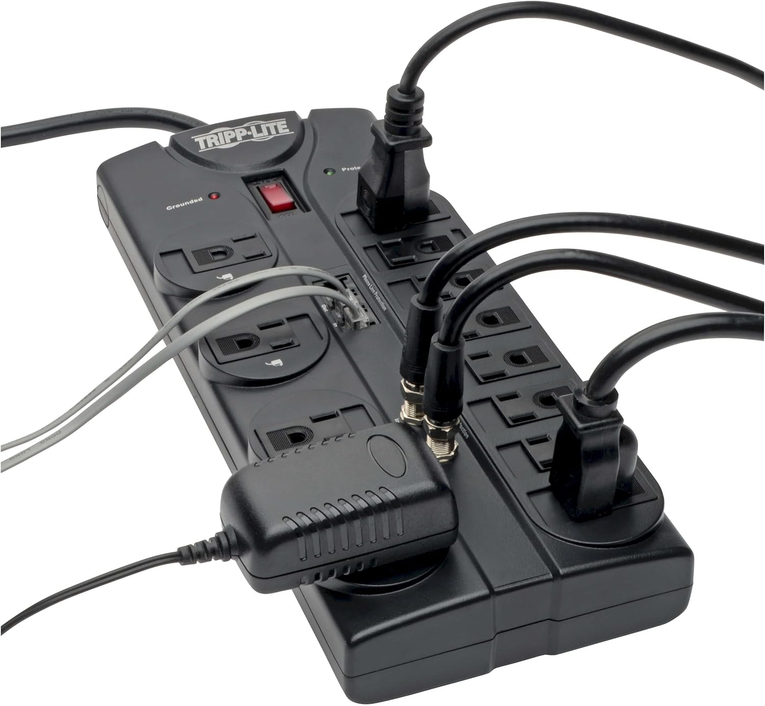 TRIPP LITE 12-Outlet Surge Protector Power Strip with Tel/Modem Protection, 8 ft Right-Angle Cord