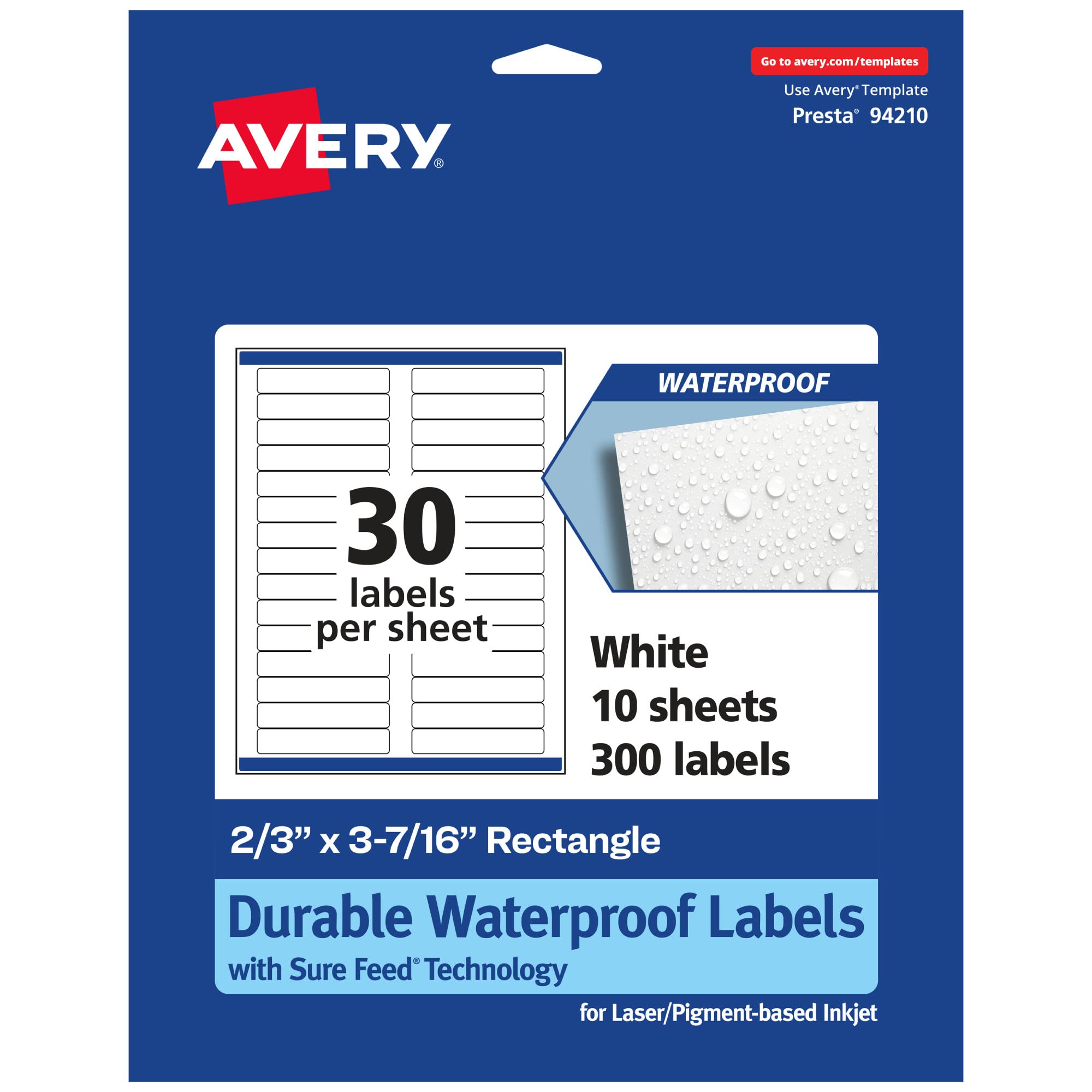 AVERY Durable Waterproof Rectangle Labels, Sure Feed Technology, 2/3" x 3-7/16"